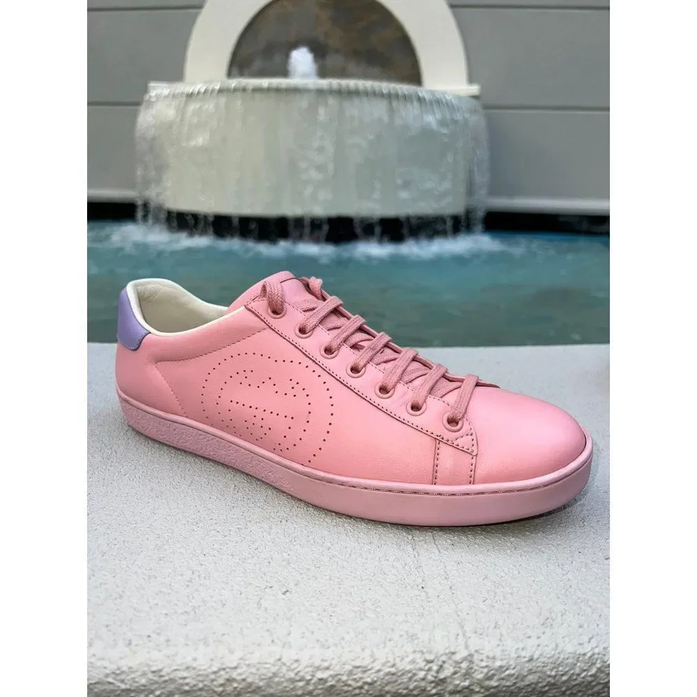 GUCCI Men Pink & Purple Leather New Ace Athletic Sneakers Size 39.5
